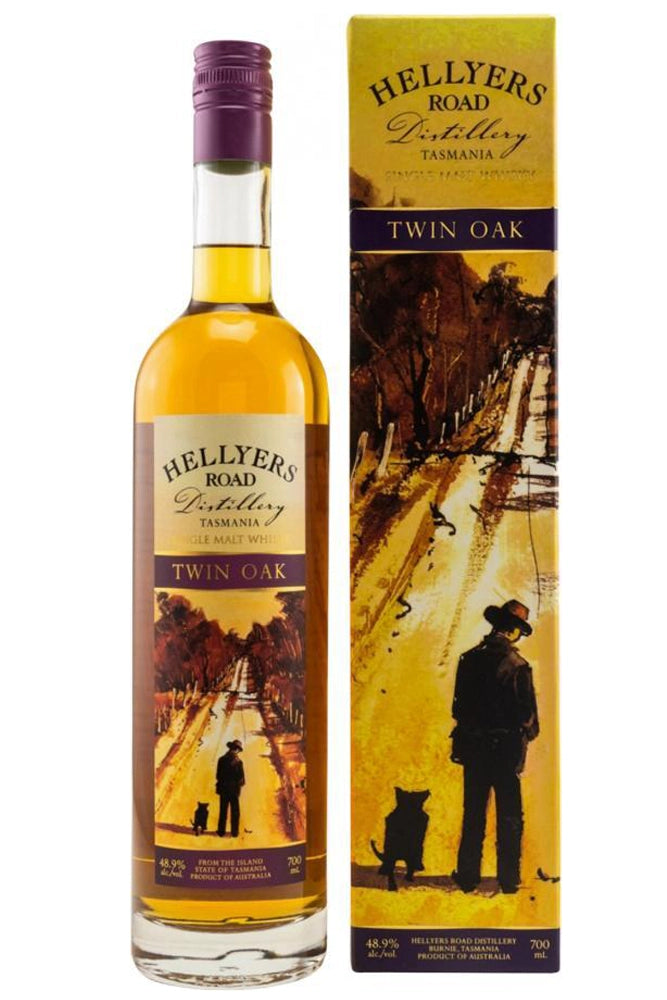Botella de Hellyers Road Twin Oak 70 cl, single malt australiano madurado en roble americano y francés, con notas de vainilla y cacao.