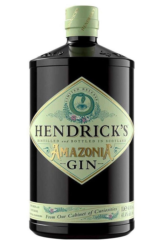 Botella Hendrick’s Amazonia 1 L, ginebra premium con botánicos tropicales inspirados en la selva amazónica.
