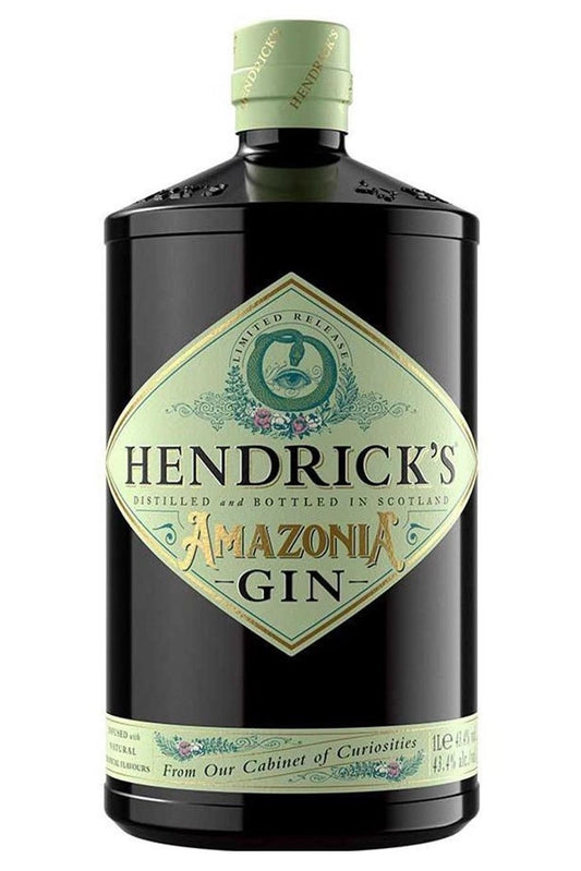 Botella Hendrick’s Amazonia 1 L, ginebra premium con botánicos tropicales inspirados en la selva amazónica.