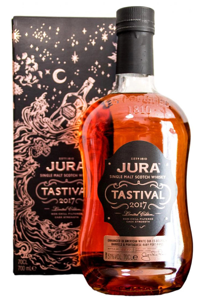 Botella de Isle of Jura Tastival 70 cl, single malt en edición limitada con notas de frutas rojas, caramelo y ligero toque ahumado.
