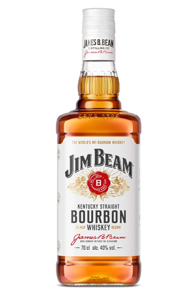 Botella de whisky bourbon Jim Beam 70 cl, destilado en Kentucky con notas de caramelo, maíz y madera. Suave y equilibrado.