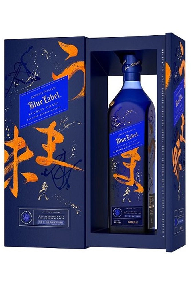 Botella de Johnnie Walker Blue Label Elusive Umami 1L, edición limitada con notas salinas, miel, cacao y un toque de humo.
