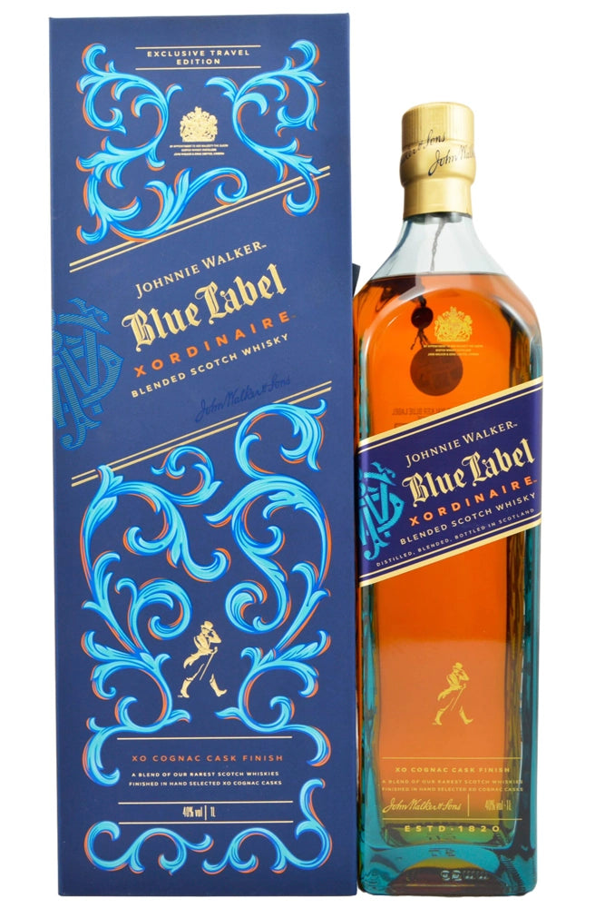 Botella de Johnnie Walker Blue Label Xordinaire 1L, edición premium finalizada en barricas de coñac XO con notas de vainilla y frutas maduras.