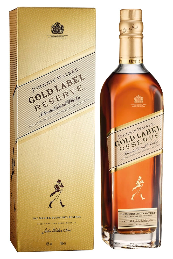 Botella de 70 cl de Johnnie Walker Gold Label Reserve, whisky escocés blended 40 % vol. con notas de miel, vainilla y fruta tropical.