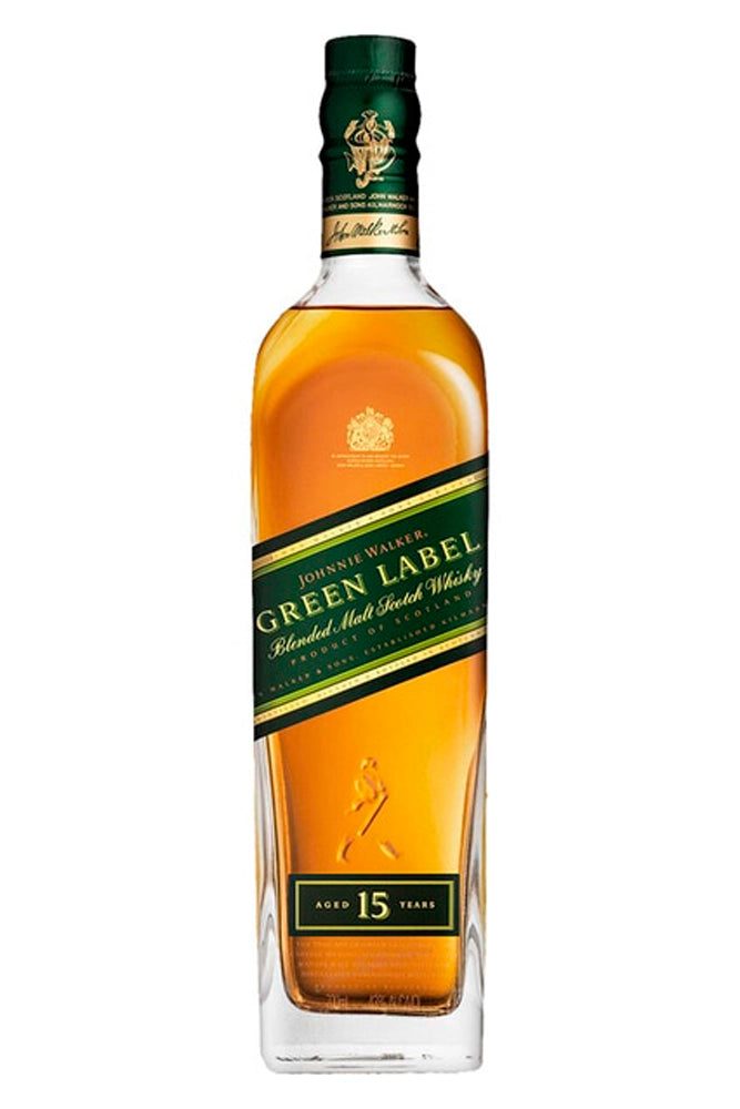 Botella de 70 cl de Johnnie Walker Green Label, whisky escocés blended malt 15 años, con notas de turba suave, vainilla y frutas maduras.