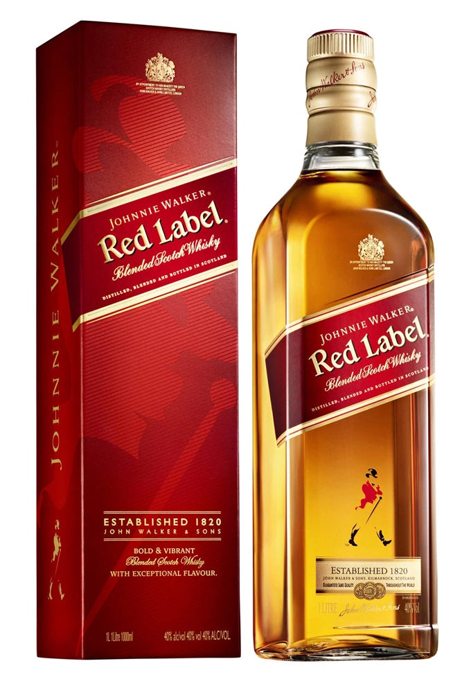 Botella de 1 litro de whisky Johnnie Walker Red Label, blended escocés con notas de especias, canela y roble. Ideal para combinados.