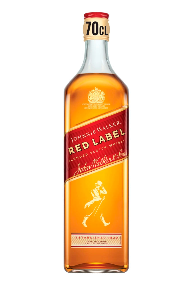 Botella de 70 cl de Johnnie Walker Red Label, whisky escocés blended 40 % vol. con notas de canela, pimienta y roble, ideal para cócteles.