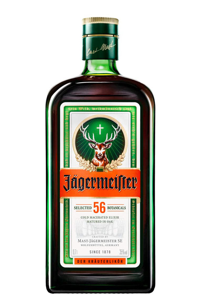 Botella de 1 litro de Jägermeister, un licor herbal alemán oscuro y aromático, ideal para chupitos helados o cócteles.