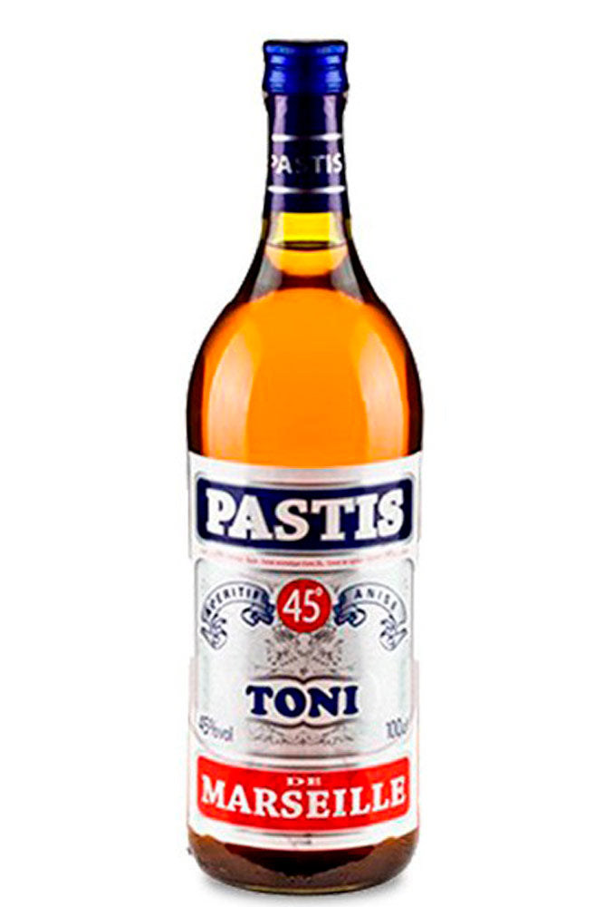 Botella de 1 litro de Licor Pastis, un licor anisado francés tradicional, transparente y aromático, ideal para servir con agua fría.