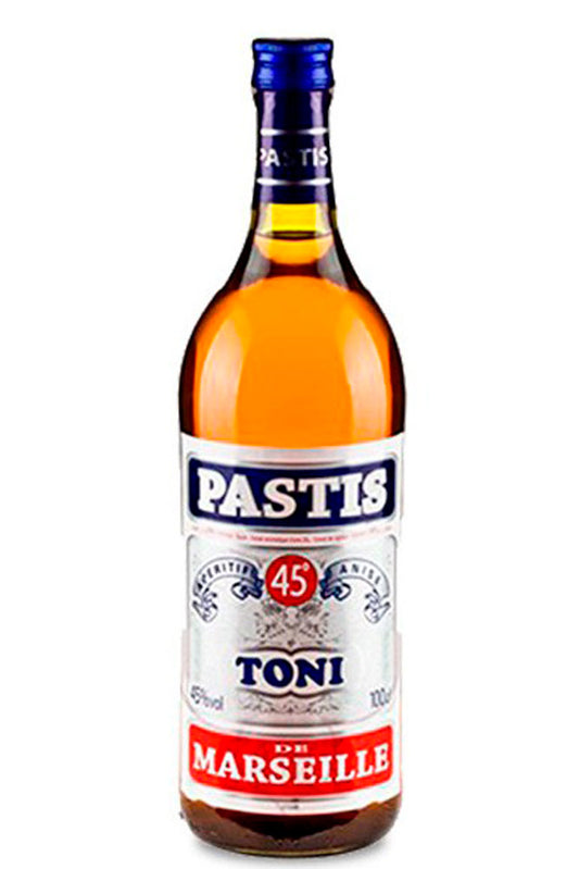 Botella de 1 litro de Licor Pastis, un licor anisado francés tradicional, transparente y aromático, ideal para servir con agua fría.