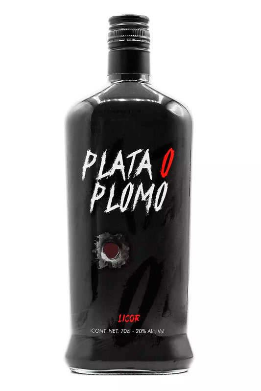 Botella de 70 cl de Licor Plata o Plomo, un licor con base de mezcal y un perfil dulce, de color ámbar oscuro, ideal para chupitos o cócteles.