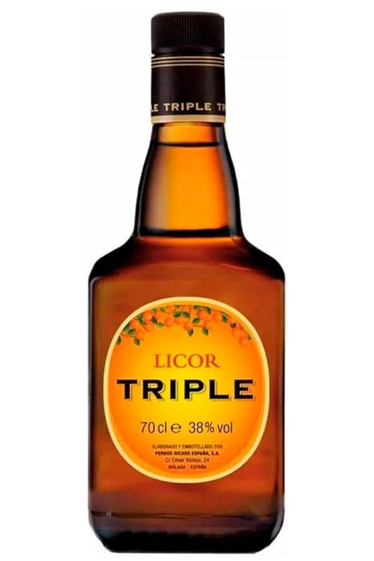 Botella de 70 cl de Licor Triple Seco, un licor de naranja transparente, ideal para cócteles clásicos como Margarita y Cosmopolitan.