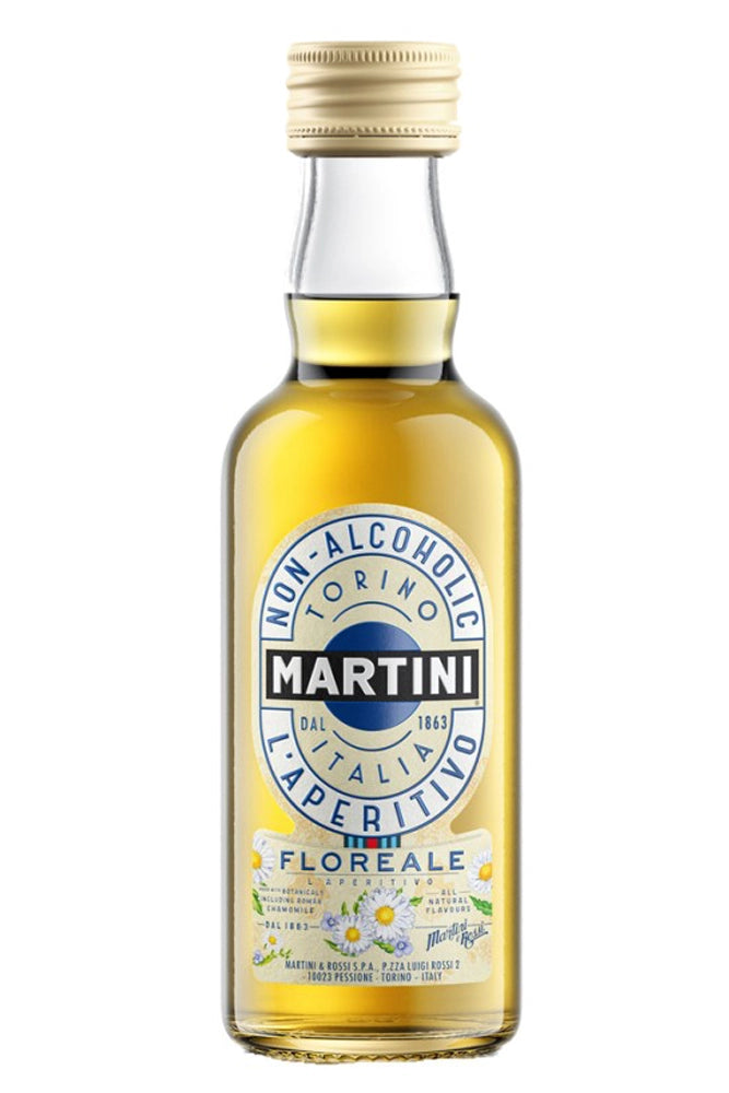 Mini botella Martini Florale 5 cl, aperitivo sin alcohol amarillo pálido.