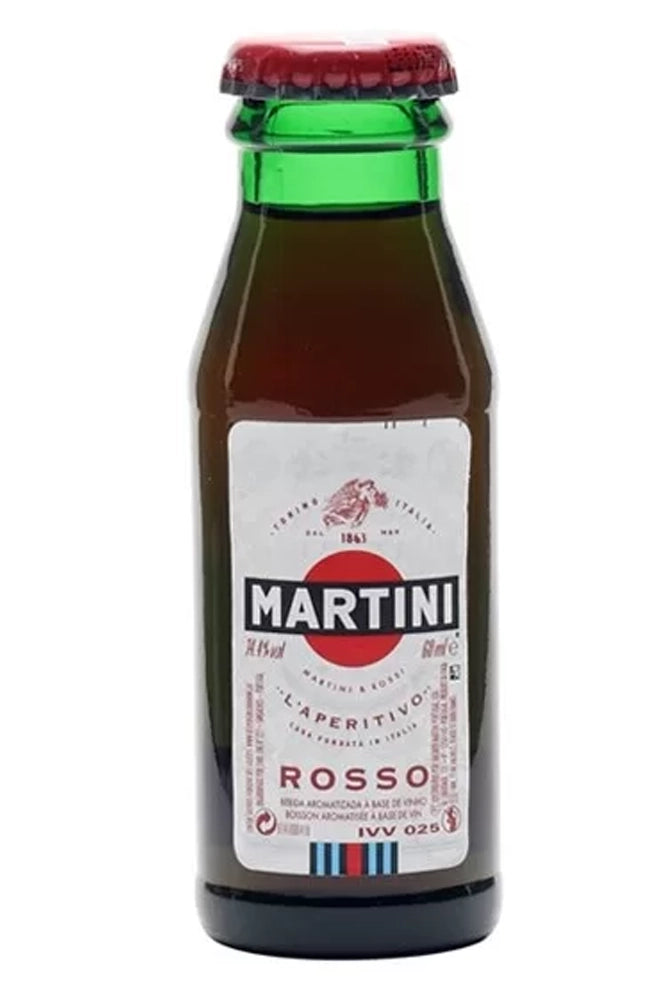 Mini botella Martini Rosso 5 cl, vermouth rojo italiano de tono caoba.