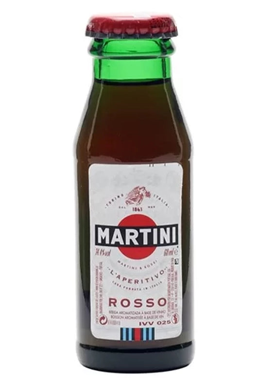 Mini botella Martini Rosso 5 cl, vermouth rojo italiano de tono caoba.