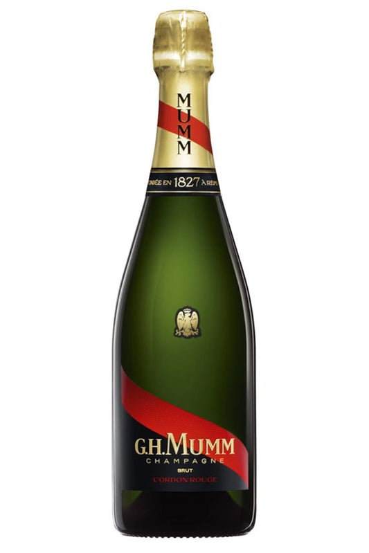 Botella de Champagne Mumm Cordon Rouge 75 cl, dorado pálido con detalles en rojo, símbolo de frescura, equilibrio y tradición.