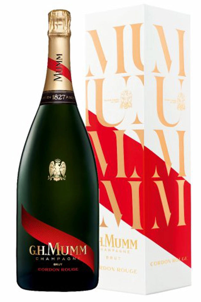 Botella Magnum de Mumm Cordon Rouge 1,5 L, dorado brillante, con mayor armonía y complejidad en su evolución.