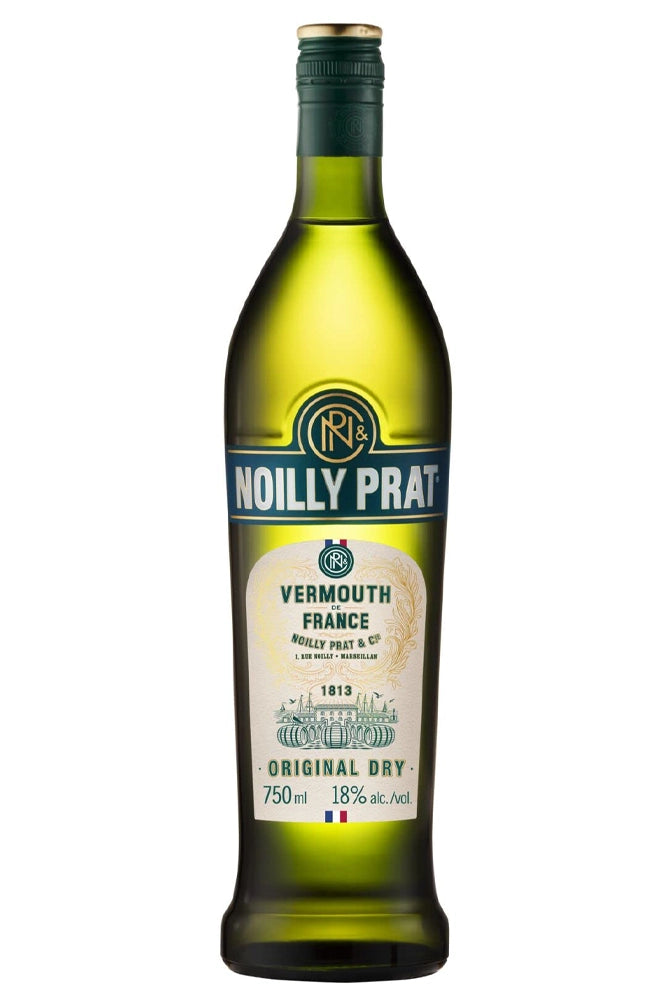 Botella Noilly Prat Dry Vermouth, vermouth seco francés elaborado con vinos Clairette y Picpoul y botánicos mediterráneos.
