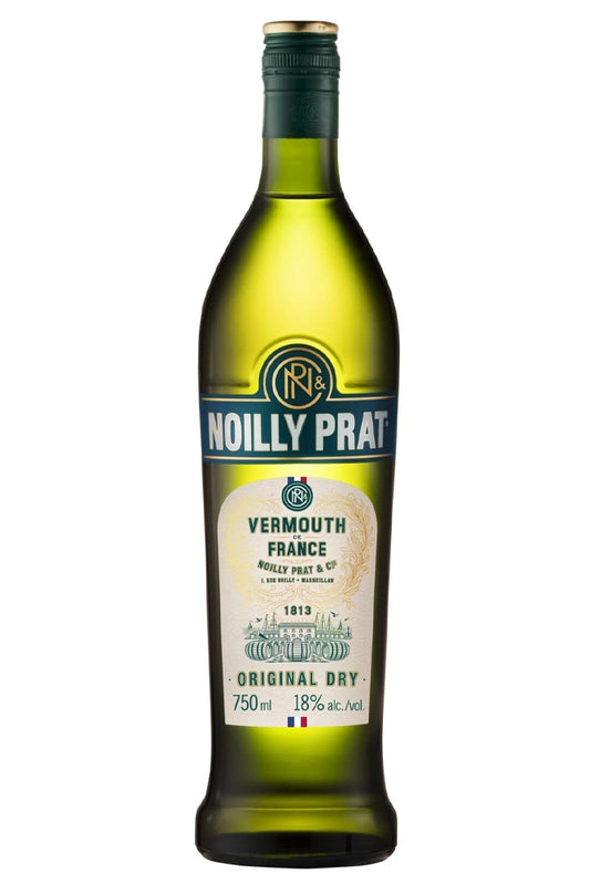 Botella Noilly Prat Dry Vermouth, vermouth seco francés elaborado con vinos Clairette y Picpoul y botánicos mediterráneos.