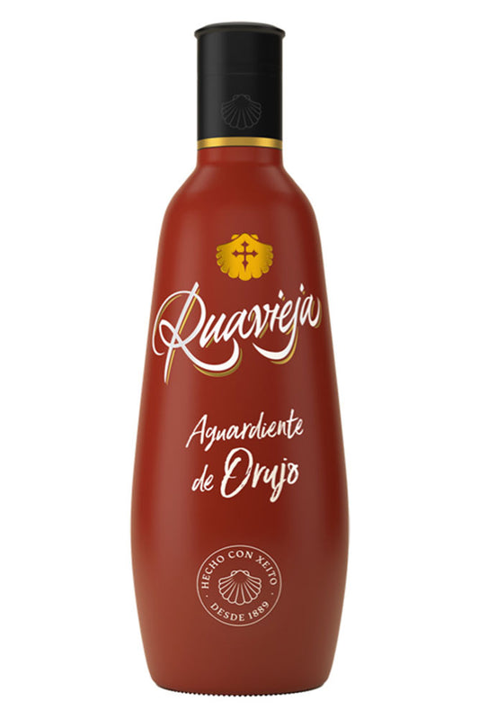 Botella de Orujo Ruavieja 70 cl, aguardiente gallego blanco destilado en cobre. Seco, equilibrado y perfecto para chupitos o cafés.