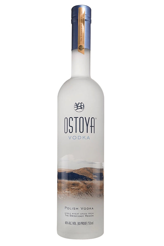 Botella Ostoya Vodka 70 cl, vodka polaco premium de trigo de Bieszczady y pureza natural, para personas con discapacidad visual o auditiva.
