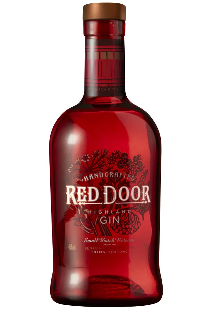 Botella Red Door Gin 70 cl, ginebra escocesa artesanal con botánicos cítricos y bayas silvestres.