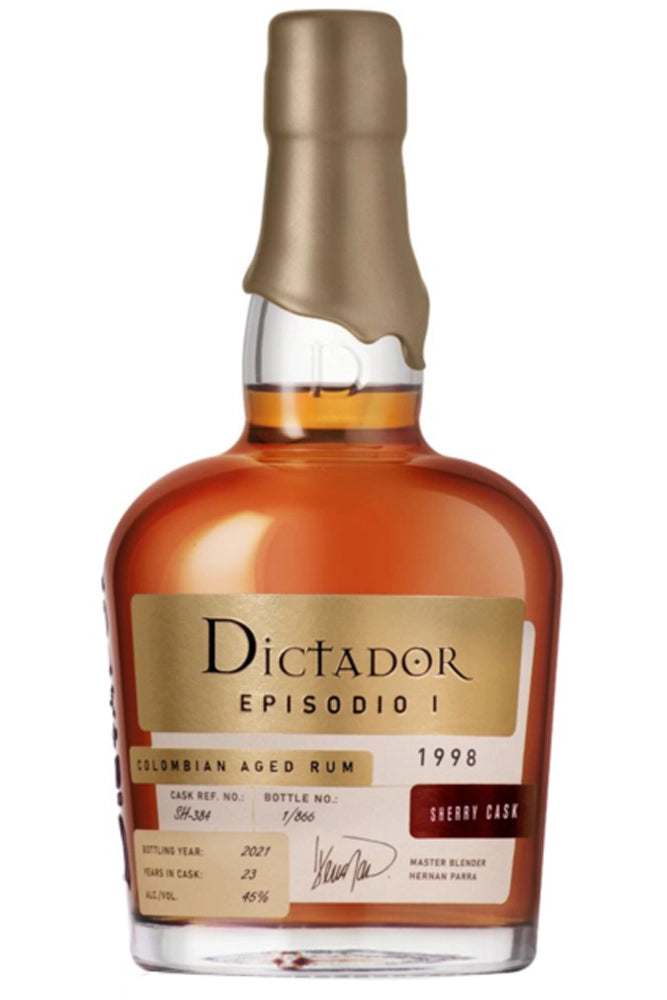 Botella de 70 cl de Ron Dictador 1998 Port Cask, ron colombiano 22 años 42% vol., acabado en botas de Oporto, notas de cereza, tabaco y madera.