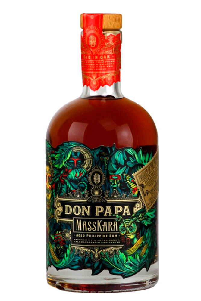 Botella de 70 cl de Ron Don Papa Masskara, ron filipino premium 40% vol., infusionado con calamansi, miel y chile labuyo para notas cítricas, dulces y picantes.