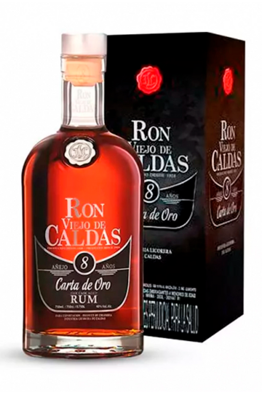Botella de 70 cl de Viejo de Caldas 8 Años, ron colombiano 37,5% vol., envejecido 8 años en barricas de roble, notas de vainilla y caramelo.