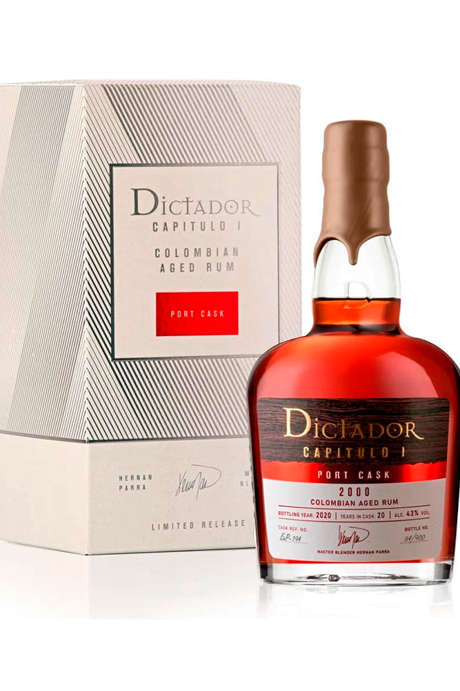 Botella 70 cl de Ron Dictador “2000” Port Cask, ron colombiano 43 % vol., edición limitada terminado en botas de Oporto, notas de frutos rojos y caramelo.