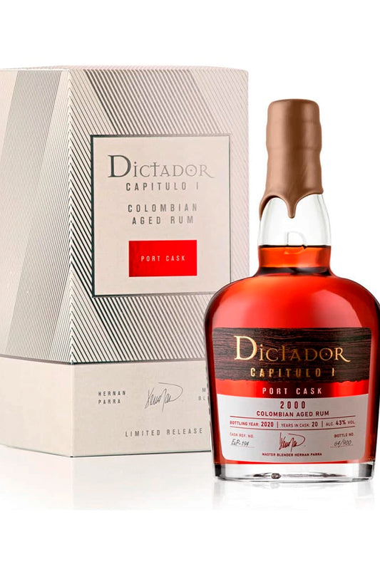 Botella 70 cl de Ron Dictador “2000” Port Cask, ron colombiano 43 % vol., edición limitada terminado en botas de Oporto, notas de frutos rojos y caramelo.