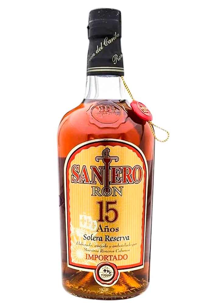 Botella de 70 cl de Ron Santero 15 Años, ron Solera Reserva colombiano 40% vol., con notas de caramelo, vainilla y frutas secas.