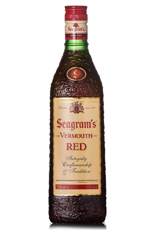 Botella Seagram’s Vermouth Rojo 75 cl, vermouth británico elaborado con vino blanco y botánicos de ginebra, perfil cítrico y herbal.