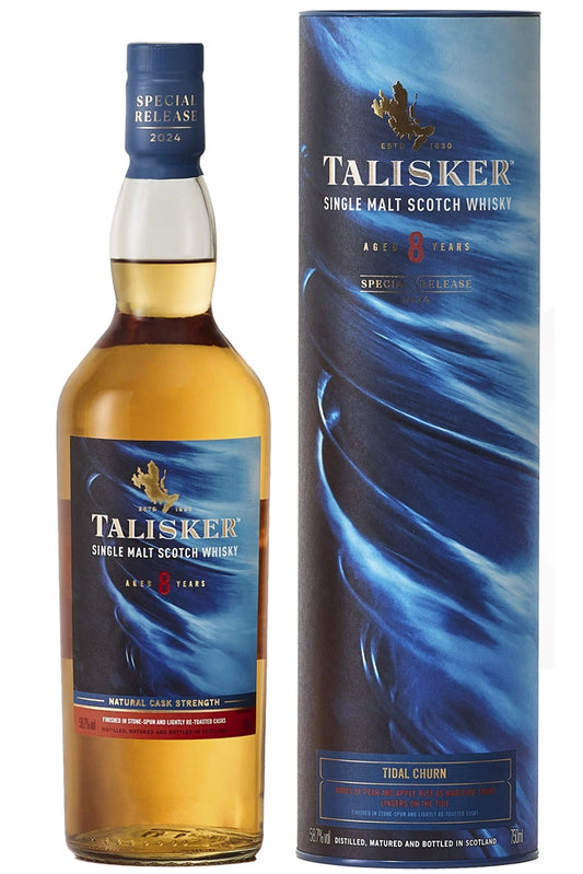 Botella Talisker 8 Maritim 2024, single malt marítimo y ahumado con notas de turba, sal marina, mango y caramelo.