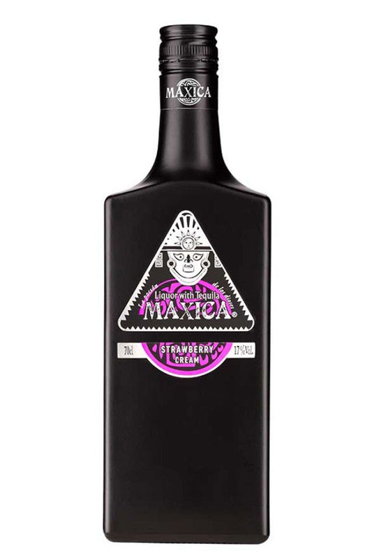 Botella de Tequila Fresa Maxica 70 cl, licor aromatizado con tequila y fresa madura. Dulce, afrutado y refrescante para cócteles.