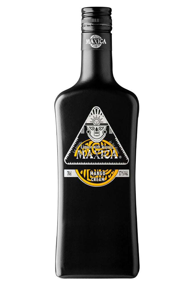 Botella de Tequila Mango Maxica 70 cl, licor tropical con sabor a mango y base de tequila. Dulce y refrescante, ideal para cócteles.