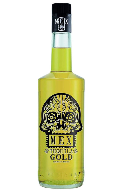 Botella de 70 cl de TeqMex Gold Tequila, tequila 100% agave azul de Jalisco, acabado en barricas de roble, color dorado pálido.