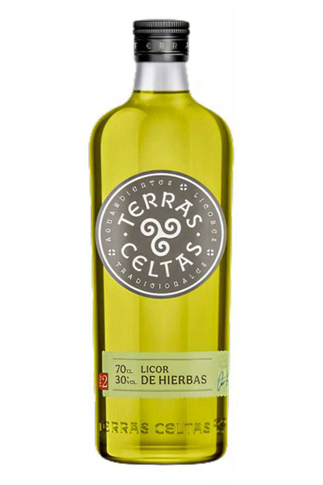 Botella de Terras Celtas Hierbas 70 cl, licor gallego elaborado con aguardiente y hierbas naturales. Dulce, cálido y herbal.