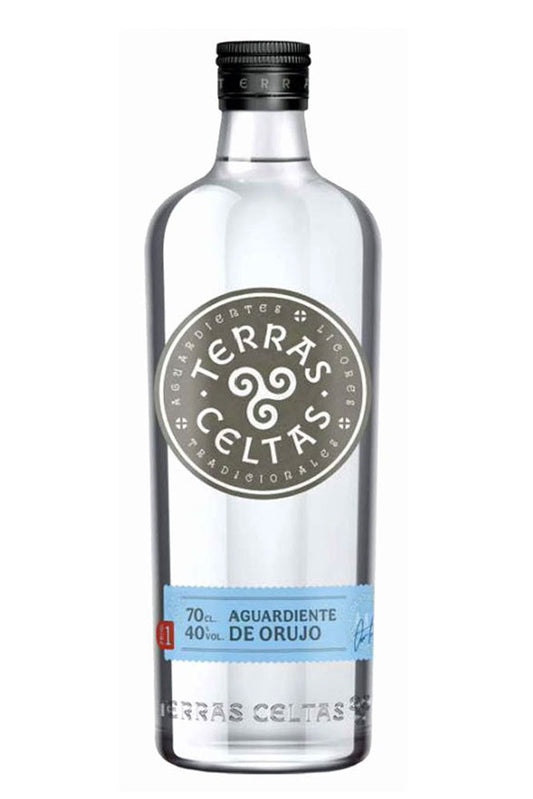 Botella de Orujo Blanco Terras Celtas 70 cl, aguardiente gallego tradicional destilado en cobre. Seco, potente y auténtico.