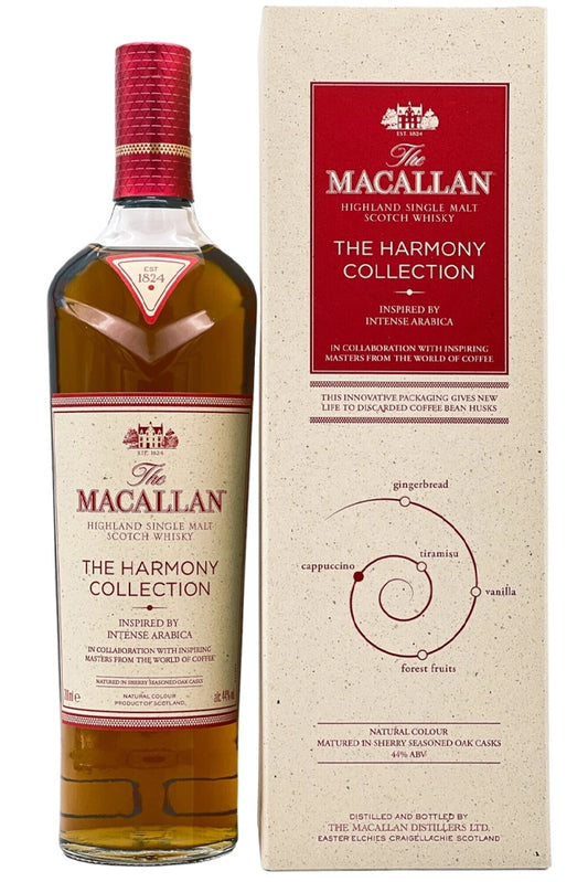 Botella The Macallan Harmony Intense Arabica, single malt edición limitada con notas de café tostado, cacao, vainilla y roble dulce.