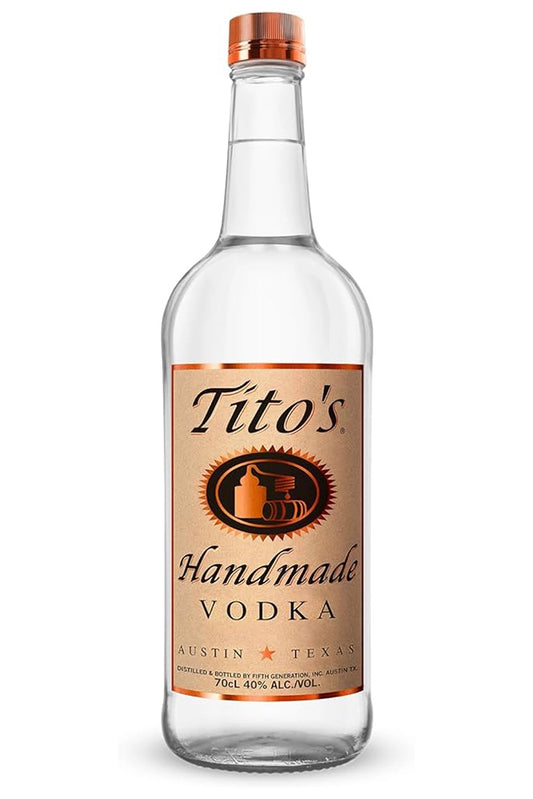 Botella Titos Handmade Vodka 1L, vodka artesanal de Texas destilado seis veces, para personas con discapacidad visual o auditiva.