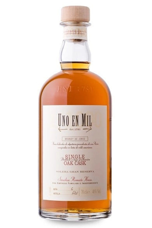 Botella Uno en Mil 70 cl, brandy de Jerez Solera Gran Reserva edición limitada.