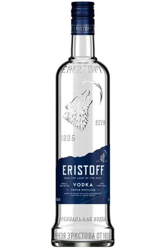 Botella de 1 litro de Eristoff Vodka, un vodka clásico georgiano elaborado con granos de cereal y agua desmineralizada, triple destilado y filtrado con carbón vegetal. Presentado en botella de vidrio transparente.