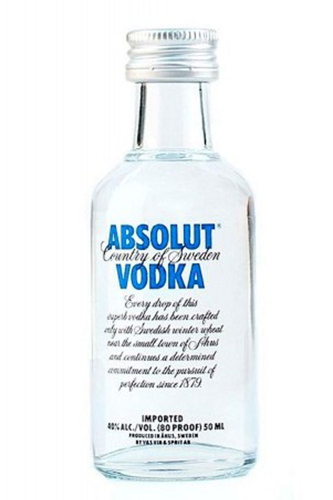 Botella mini de Vodka Absolut 5 cl, vodka sueco puro elaborado con trigo de invierno y agua. Ideal para chupitos o cócteles pequeños.