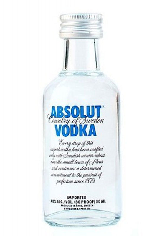 Botella mini de Vodka Absolut 5 cl, vodka sueco puro elaborado con trigo de invierno y agua. Ideal para chupitos o cócteles pequeños.