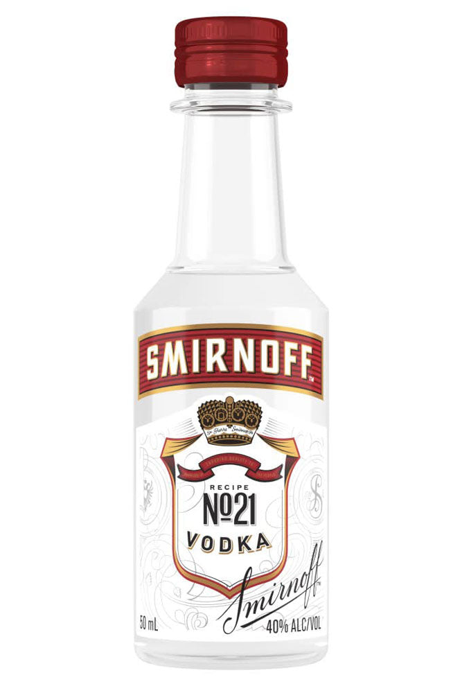 Botella mini de Vodka Smirnoff 5 cl, vodka internacional triple destilado. Suave y equilibrado, ideal para cócteles o degustación.