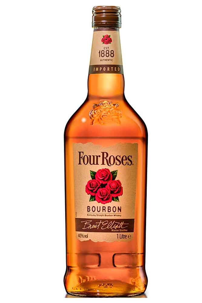 Botella de 1 L de Four Roses. Bourbon americano ámbar claro 40º. Agradable, con caramelo, frutos secos y especias suaves. Popular en hostelería.