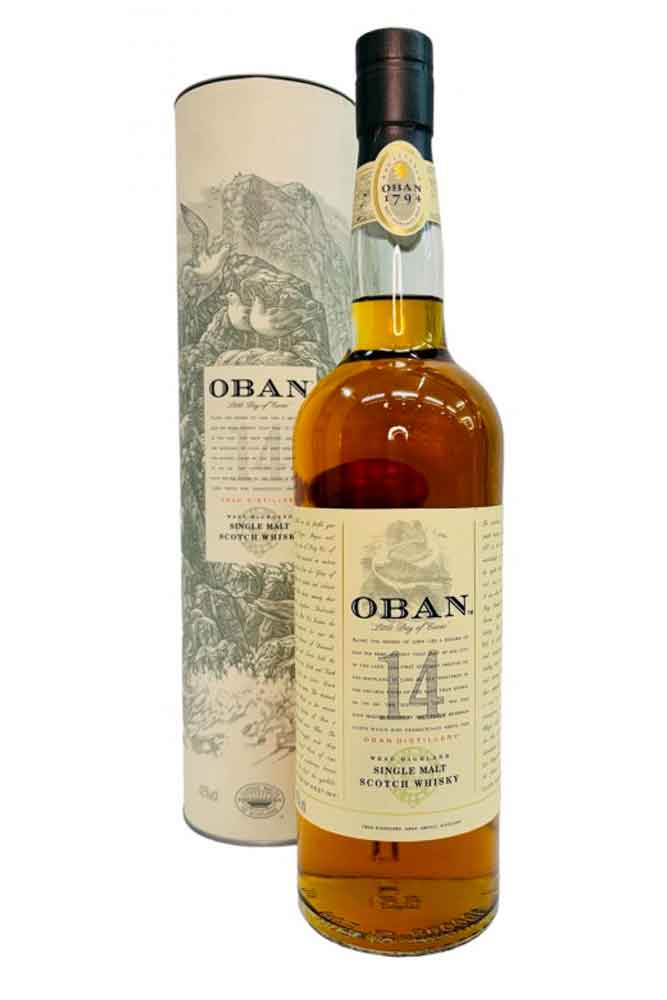 Botella de 70 cl de Oban 14 Años. Single Malt costero 43º. Ámbar cálido. Carácter marino, ahumado y especiado. Envejecido 14 años.